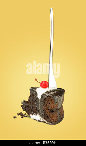 Isolated Chocolate cherry cake with fork from back on yellow background. Chocolate pie. Flying brownie with cream. Stock Photo