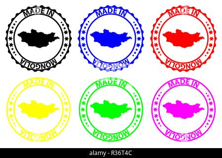 Made in Mongolia - rubber stamp - vector, Mongolia map pattern - black, blue, green, yellow, purple and red Stock Vector