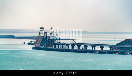 View of the Crimean Bridge with the road part finished and the railway part under construction Stock Photo