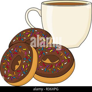 A chocolate frosted donut or doughnut and a hot cup of fresh coffee or tea. Stock Vector