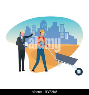 Construction worker and architect teamwork avatar vector illustration graphic design Stock Vector