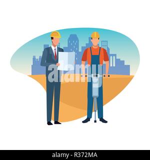 Construction worker and architect teamwork avatar vector illustration graphic design Stock Vector