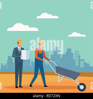 Construction worker and architect teamwork avatar vector illustration graphic design Stock Vector
