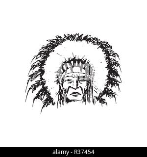 Stylized cartoon sketch North American Indian chief redskin man , face, isolated on white. Black roach. Indian feather headdress of eagle. ink pen. Fo Stock Vector