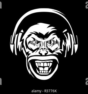 Angry monkey head in headphones. Stock Vector