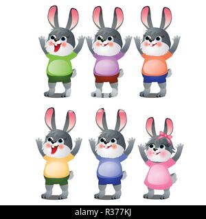 A set of animated happy little bunnies in clothes isolated on white background. Vector cartoon close-up illustration. Stock Vector