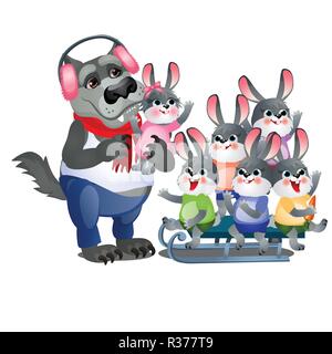 A set of animated happy little bunnies in clothes playing with wolf in pink headphones and sledding isolated on white background. Vector cartoon close-up illustration. Stock Vector