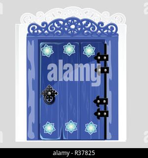 Entrance blue wooden door with patterns snowflake isolated on gray background. Idea festive interior. Attributes of New year and Christmas. Vector cartoon close-up illustration. Stock Vector