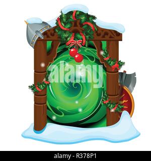 Opened portal with wooden frame decorated with Christmas and New Year baubles isolated on white background. Sample of poster, party invitation, greeting card. Vector cartoon close-up illustration. Stock Vector