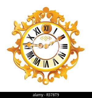 Vintage golden wall clock with ornate dial isolated on white background. Sample of Christmas and New year greeting card, festive poster or party invitations. Vector cartoon close-up illustration. Stock Vector