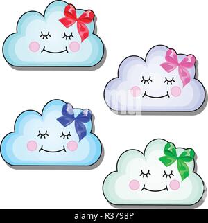 Set of funny smiling clouds with ribbon bow isolated on a white background. Vector cartoon close-up illustration. Stock Vector