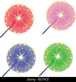 Set of colored burning sparklers isolated on white background. Sketch for greeting card, party invitation, festive poster, other cards. Vector cartoon close-up illustration. Stock Vector
