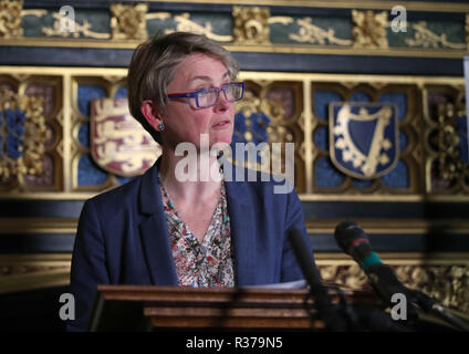 Yvette Cooper speaking at an Association of Jewish Refugees event in the Houses of Parliament in Westminster, London, on the 80th anniversary of the Kindertransport scheme. Stock Photo