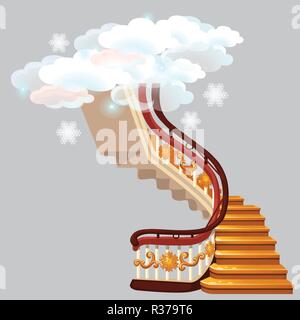 The golden stairs leading into the snow clouds with snowflakes isolated on gray background. Sketch for greeting card, festive poster or party invitations. Vector cartoon close-up illustration. Stock Vector