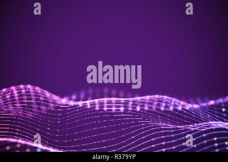 3D Sound waves with colored dots. Big data abstract visualization. Stock Vector