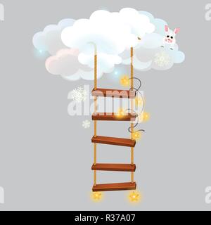 The hanging ladder leading into the snow clouds isolated on grey background. Sketch for greeting card, festive poster or party invitations. Vector cartoon close-up illustration. Stock Vector