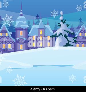 Sketch for Christmas poster with cozy small houses in old town or village. Template for greeting card or party invitation. Snowy winter landscape. Festive mood. Vector cartoon close-up illustration. Stock Vector