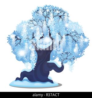 Sketch for Christmas poster with beautiful tree with spreading weeping crown isolated on white. Template for greeting card, party invitation. Snowy winter landscape with snowfall. Festive mood. Stock Vector