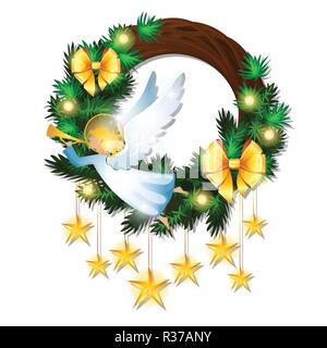 Christmas sketch with wreath decorated with fir twigs, golden ribbon bow, flying angel, garland and hanging stars. Sample of poster, invitation, other card. Vector Illustration. Stock Vector