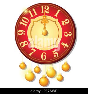 Vintage wall clock decorated with golden balls isolated on white background. Sample of Christmas and New year greeting card, festive poster or party invitations. Vector cartoon close-up illustration. Stock Vector