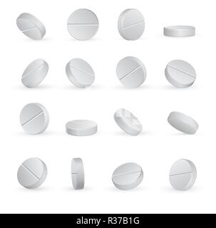 Round white medical pills in different positions. Vector set consisting of 16 pills for advertising medical products. Such as drugs and vitamins. Real Stock Vector