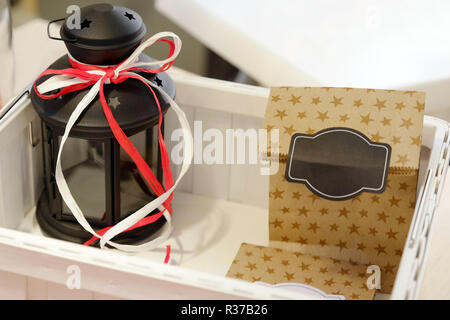 Christmas lantern. Gift wrapping. Gift. New year's interior Stock Photo