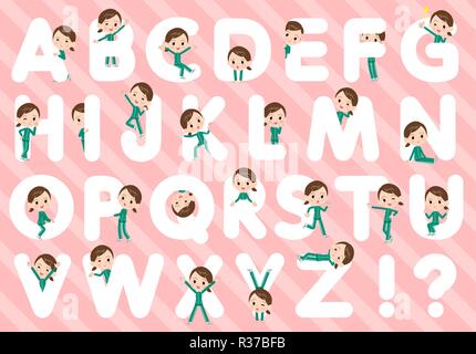 A set of women in sportswear designed with alphabet.Characters with fun expressions pose various poses.It's vector art so it's easy to edit. Stock Vector