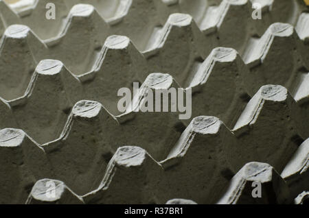 Close up empty egg tray. Paper pack for eggs, food container concept. Stock Photo