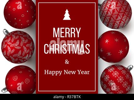 Festive red Christmas Balls background. colorful decoration in vertical line with elegant ornaments and label. vector illustration. text. template, de Stock Vector