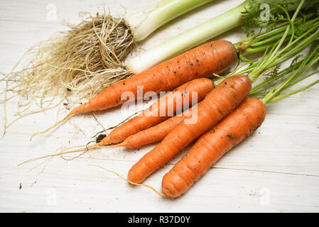 carrots and leek freshly harvested from the vegetable garden on a white painted wooden table, selected focus, narrow depth of field Stock Photo