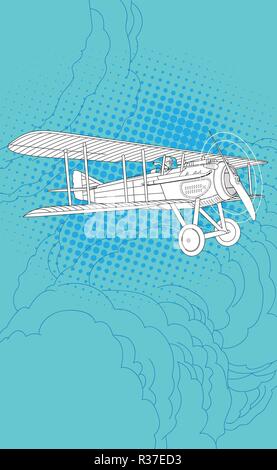 Retro pilot and plane illustration in line art. Stock Vector