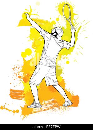 Tennis player with a racket. Line art  illustration in splashed paint. Stock Vector