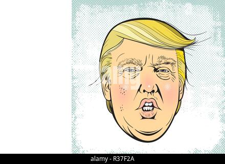 United States 45th president Donald Trump's portrait illustration in cartoon style. Stock Vector