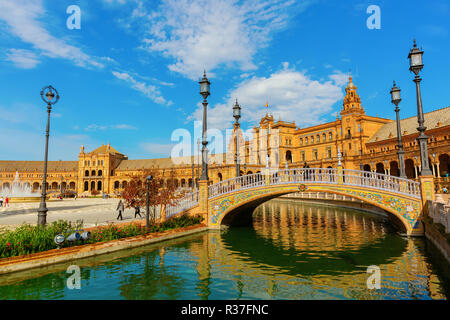 Seville, Spain - November 13, 2018: Plaza de Espana with unidentified people. It is a plaza in the Parque de Maria Luisa, built in 1928 for the Ibero- Stock Photo