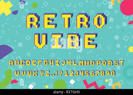 Vector 8-bit pixel art latin alphabet with 3D effect. Letters, numbers and symbols. 90s retro style Stock Vector