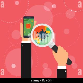 Vector flat mobile phone with CPU and computerbug seen through magnifying glass. Concept of cyber security Meltdown and Spectre exploit vulnerabilitie Stock Vector