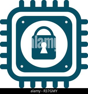Vector CPU icon with lock sign. Concept of cyber security and Meltdown and Spectre critical vulnerabilities in modern processors. Monochrome flat imag Stock Vector