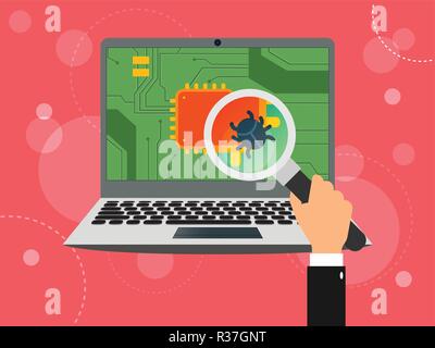 Vector flat laptop with CPU and computerbug seen through magnifying glass. Concept of Meltdown and Spectre vulnerabilities in modern processors. Stock Vector