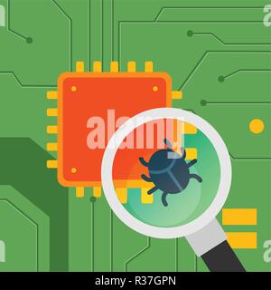 Vector flat motherboard with CPU and computerbug seen through magnifying glass. Concept of Meltdown and Spectre vulnerabilities in modern processors. Stock Vector