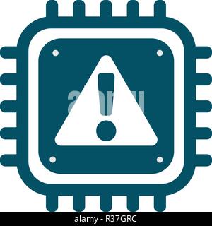 Vector CPU icon with alert sign. Concept of cyber security and Meltdown and Spectre critical vulnerabilities in modern processors. Monochrome flat ima Stock Vector