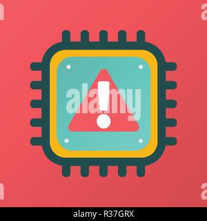 Vector CPU icon with alert sign. Concept of cyber security and Meltdown and Spectre critical vulnerabilities in modern processors. Color flat image Stock Vector