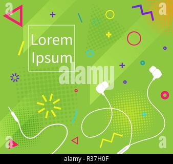 Vector earphones with connector and switch controller. Isolated object on colorful memphis style pattern background with copyspace. Suitable for adver Stock Vector