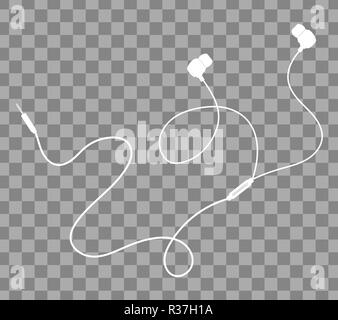 Vector earphones with connector and switch controller. Isolated object on transparent background. Flat lay design Stock Vector