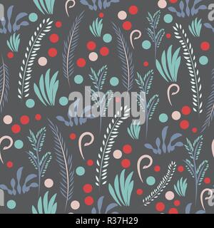 Hand drawn vector seamless flower pattern. Abstract twigs, leaves and berries spread randomly. Pastel colors Stock Vector