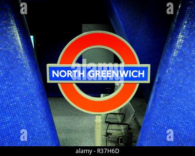 Sign at North Greenwich Underground Station, London, UK. Stock Photo