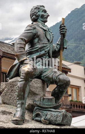 Michel-Gabriel Paccard - this bronze statue is in the centre of Chamonix.   Dr Paccard was one of the first people to climb Mont Blanc Stock Photo