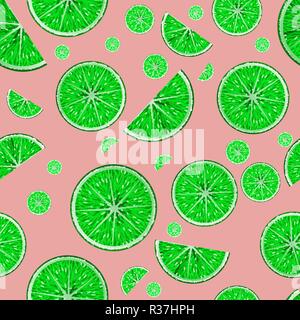 Seamless vector pattern with realistic sliced limes on pink background Stock Vector