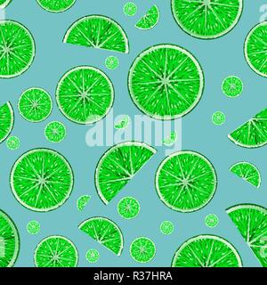 Seamless vector pattern with realistic sliced limes on blue background Stock Vector