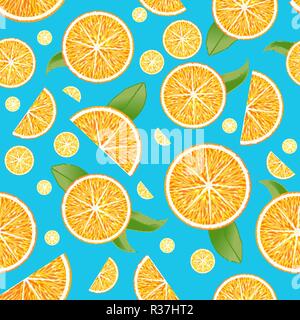 Seamless vector pattern with realistic oranges and leaves on blue background Stock Vector