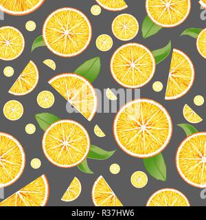 Seamless vector pattern with realistic oranges and leaves on dark grey background Stock Vector